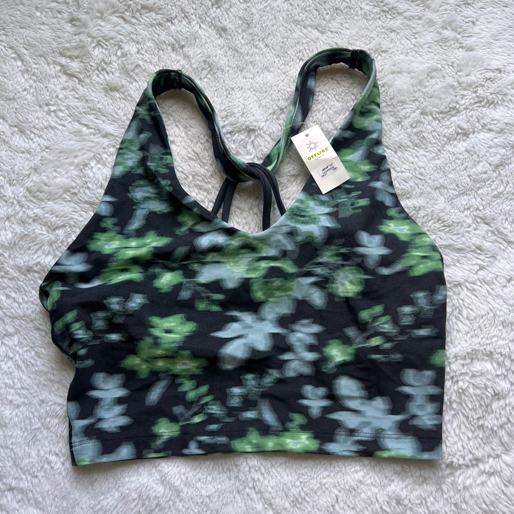 OFFLINE by Aerie Women Green Floral Strappy Back Longline Sports Bra Small NEW S